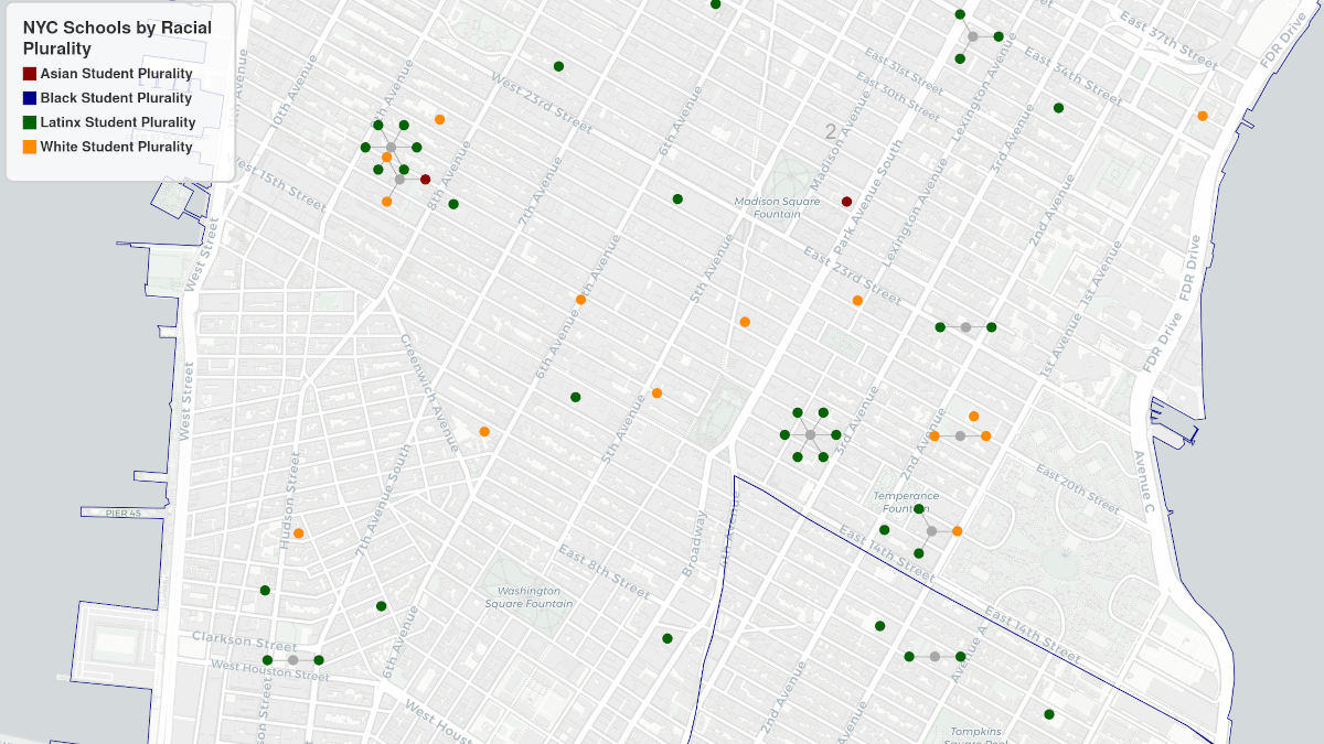 map showing colcated schools in Manhattan with differenct colors indicating the racial plurality in each school